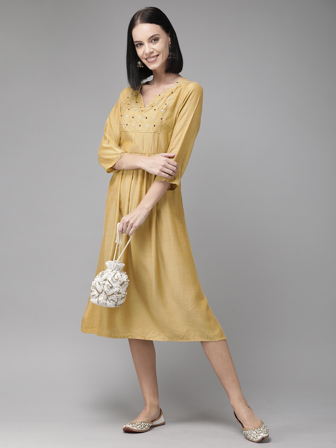 

Anouk Women Yellow Embroidered Fit and Flare Dress