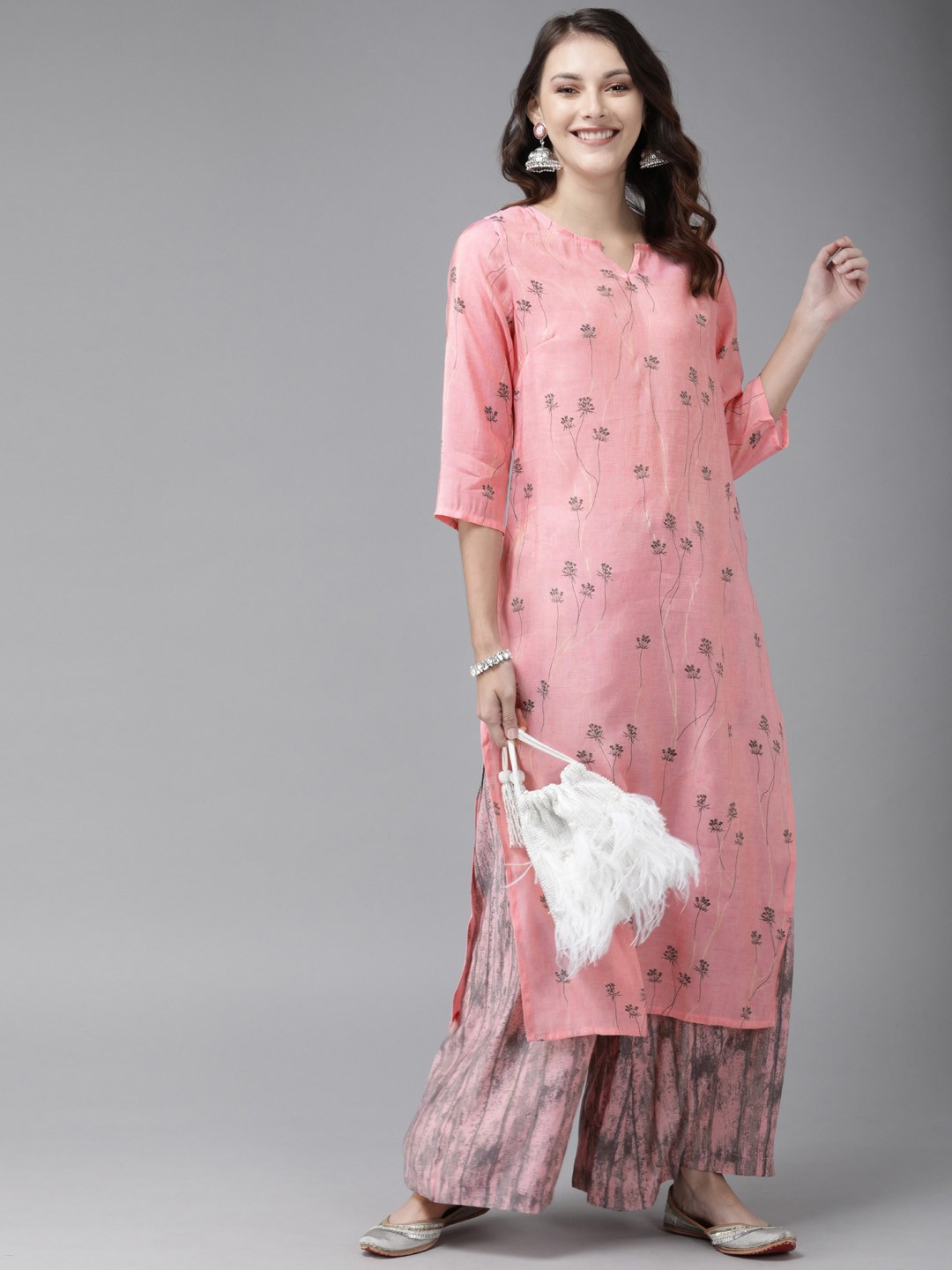 

Anouk Women Pink & Grey Printed Kurta with Palazzos