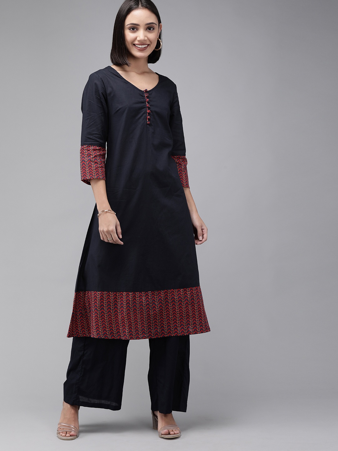

Anouk Women Navy Blue & Rust Brown Printed Kurta with Palazzos