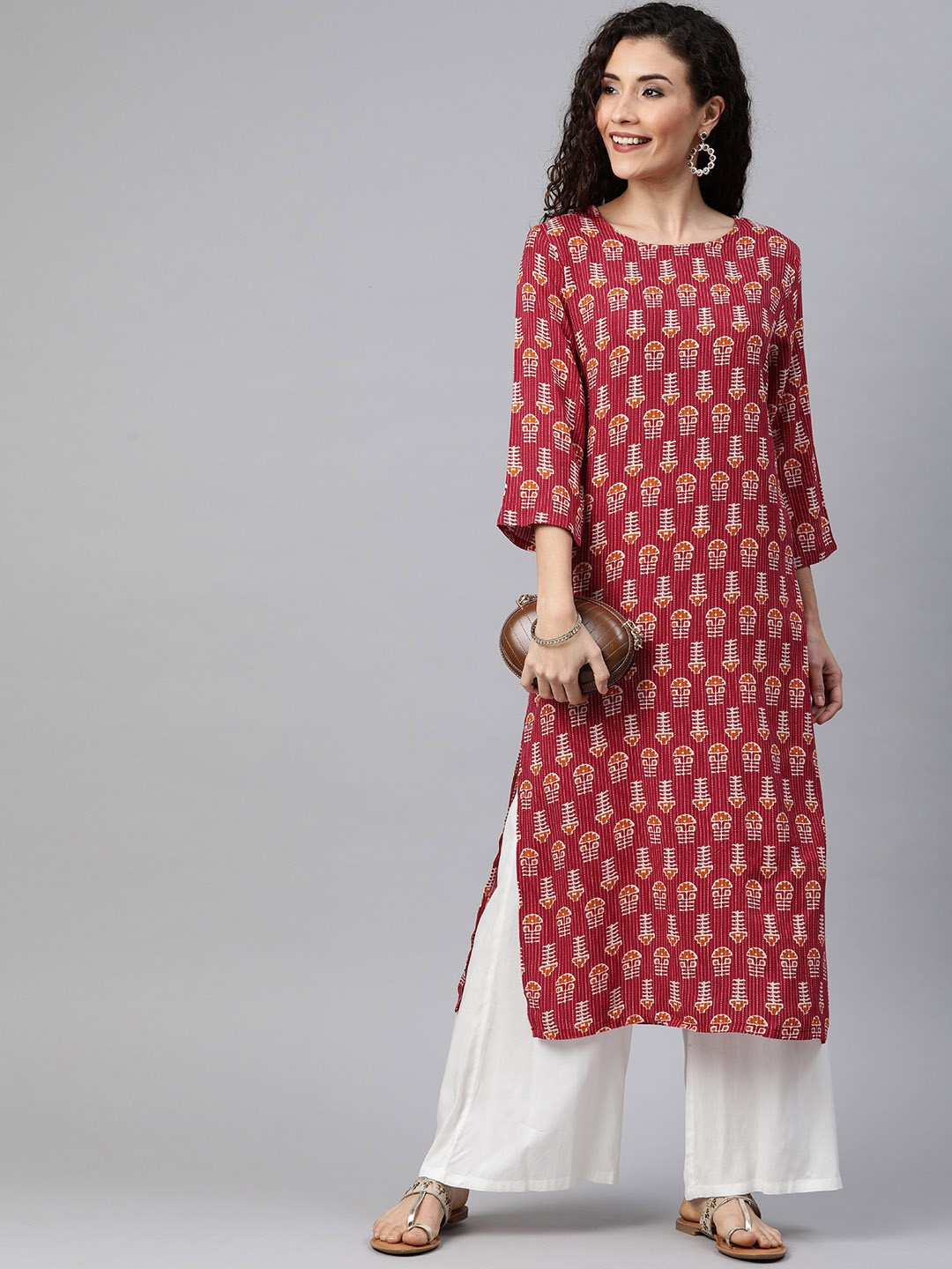 

Anouk Women Pink & Cream-Coloured Printed Straight Kurta