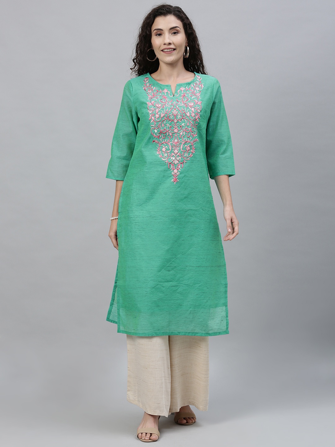 

Anouk Women Sea Green & Pink Embroidered Yoke Design Straight Kurta