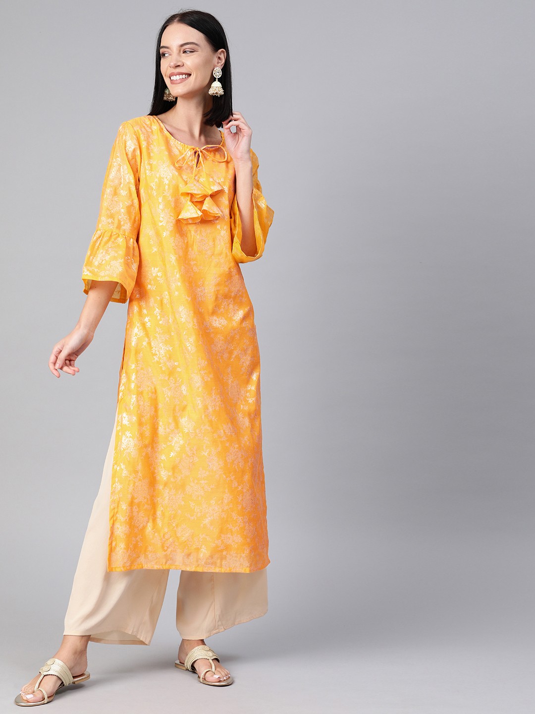 

Anouk Women Mustard Yellow & White Printed Straight Bell Sleeve Kurta
