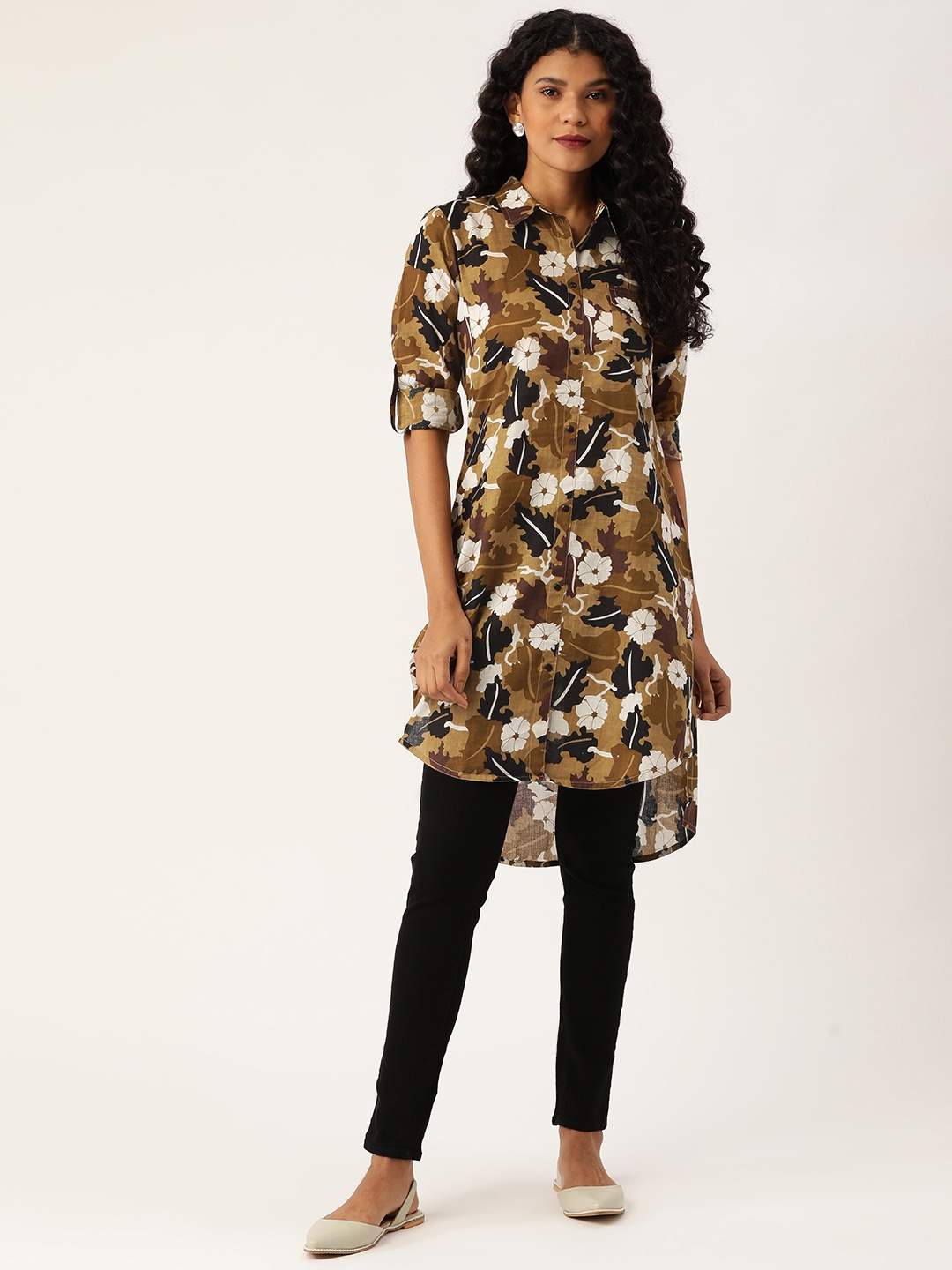 

Prakrti Women Olive Green & White Floral Printed Longline Shirt Style Pure Cotton Top