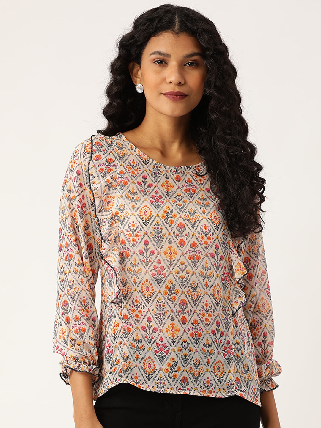

Prakrti Women Off-White & Orange Floral Printed Semi Sheer Top