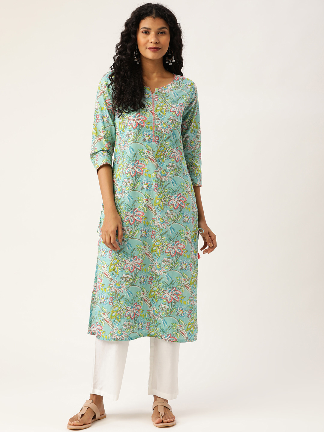 

Prakrti Women Blue & Pink Sequinned Printed Lace-Up Straight Kurta