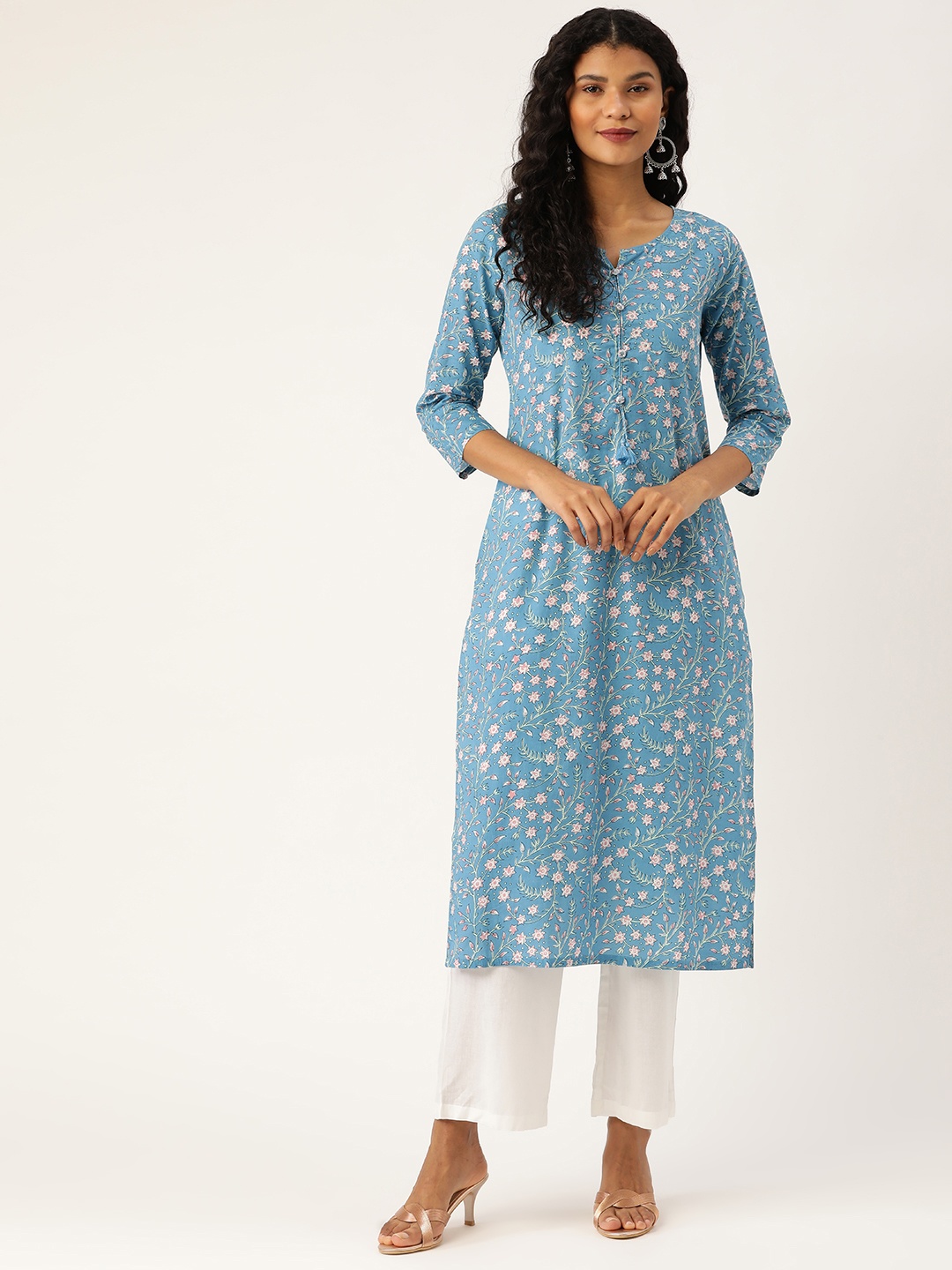 

Prakrti Women Blue & Pink Sequinned Floral Printed Straight Kurta