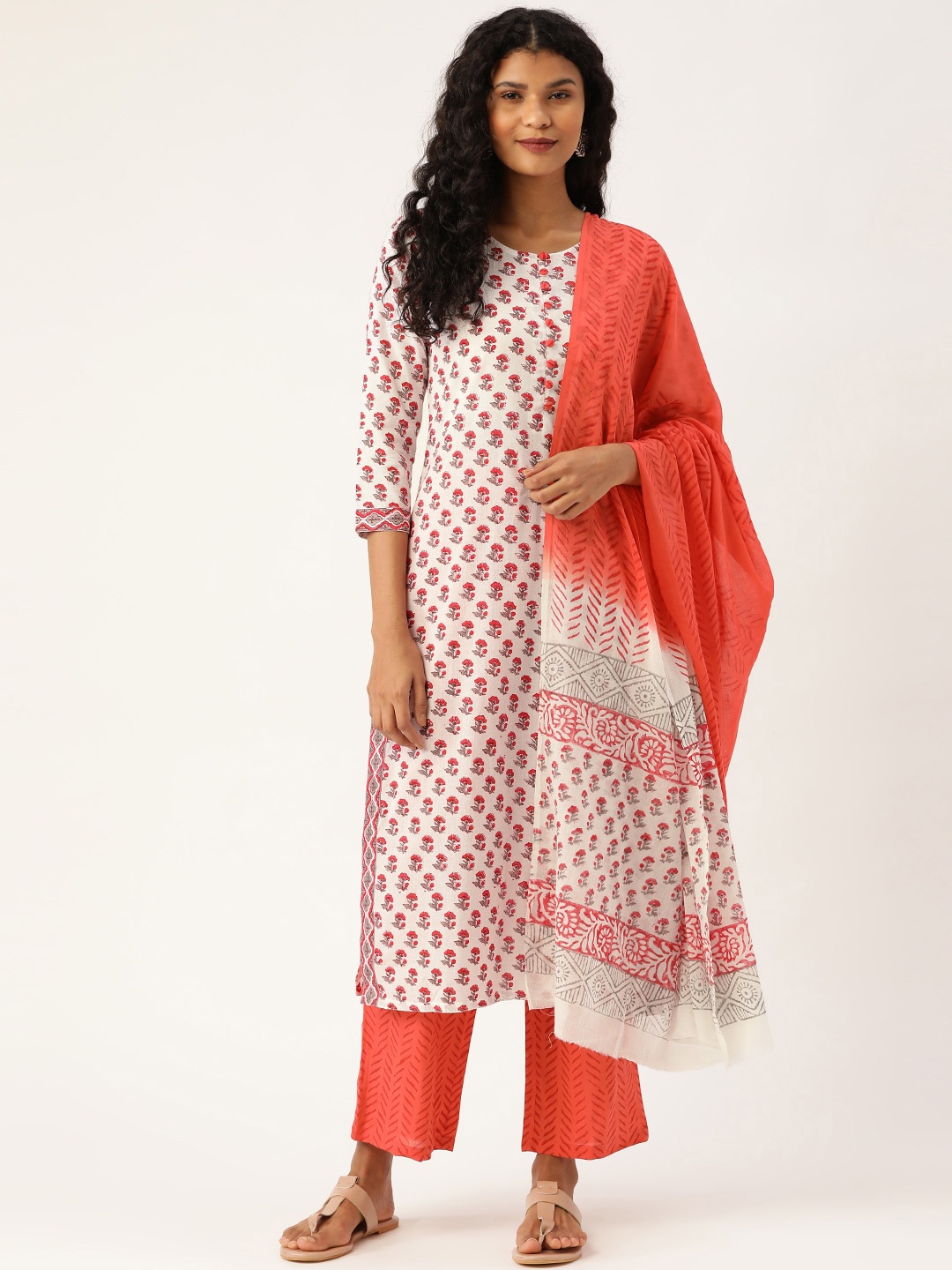 

Prakrti Women White & Coral Orange Hand Block Printed Sustainable Kurta with Palazzos & Dupatta
