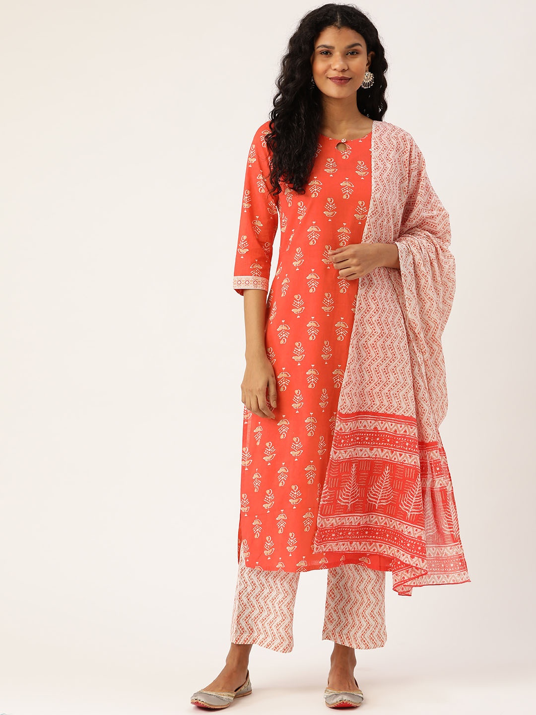

Prakrti Women Coral Orange & Beige Ethnic Printed Kurta with Palazzos & Dupatta