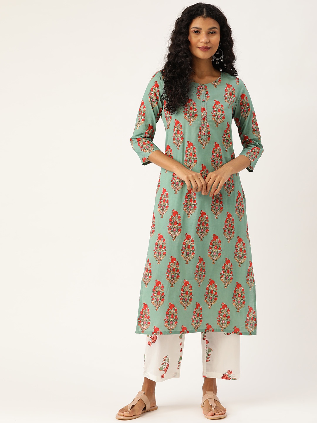 

Prakrti Women Green & White Ethnic Printed Kurta with Palazzos