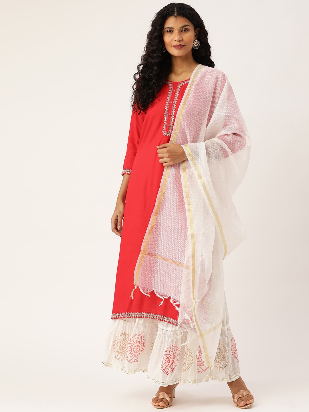 

Prakrti Women Red & White Solid Kurta with Skirt & Dupatta