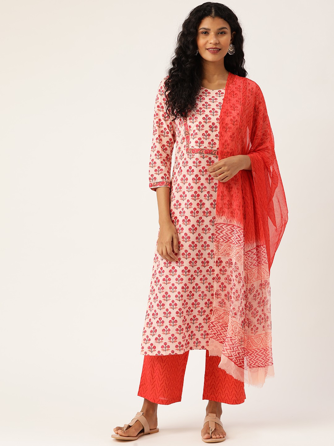 

Prakrti Women Peach-Coloured Hand Block Printed Sustainable Kurta with Palazzos & Dupatta