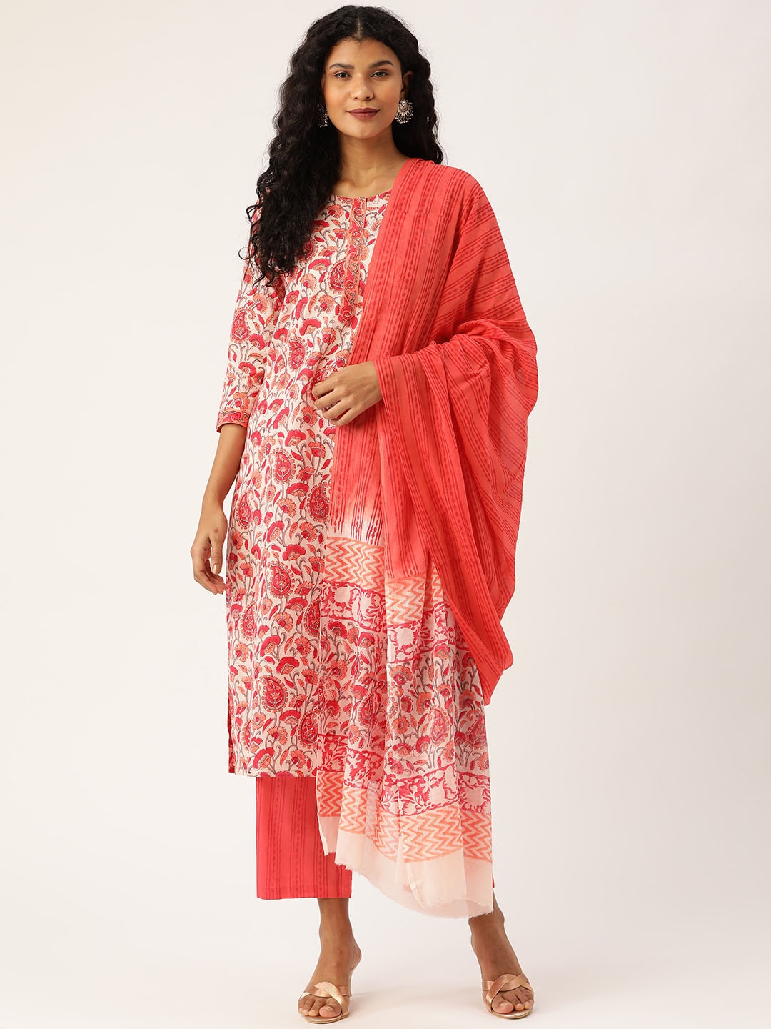 

Prakrti Women Peach-Coloured Hand Block Printed Kurta with Palazzos & Dupatta