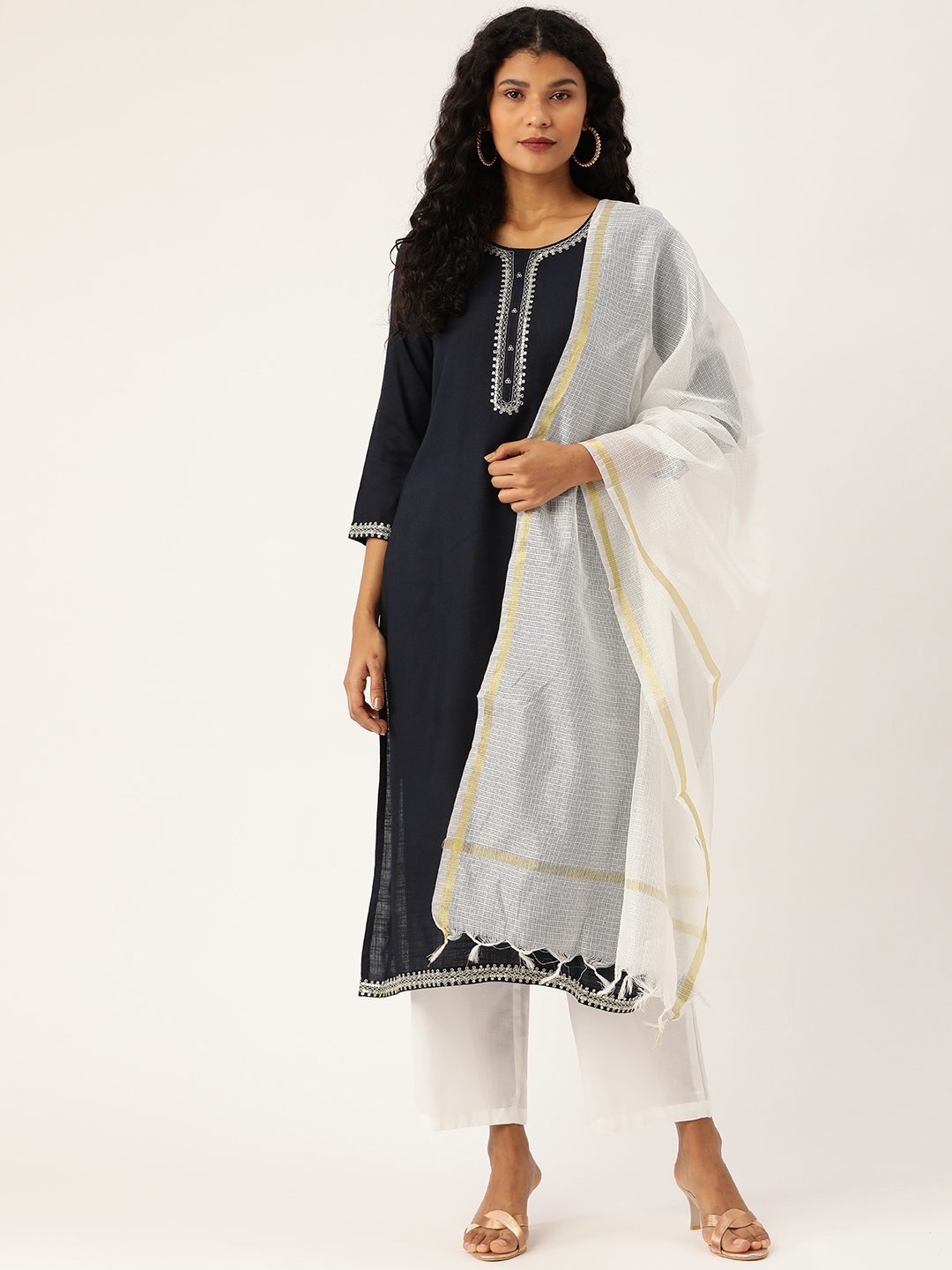 

Prakrti Women Navy Blue & White Solid Kurta with Palazzo & Dupatta