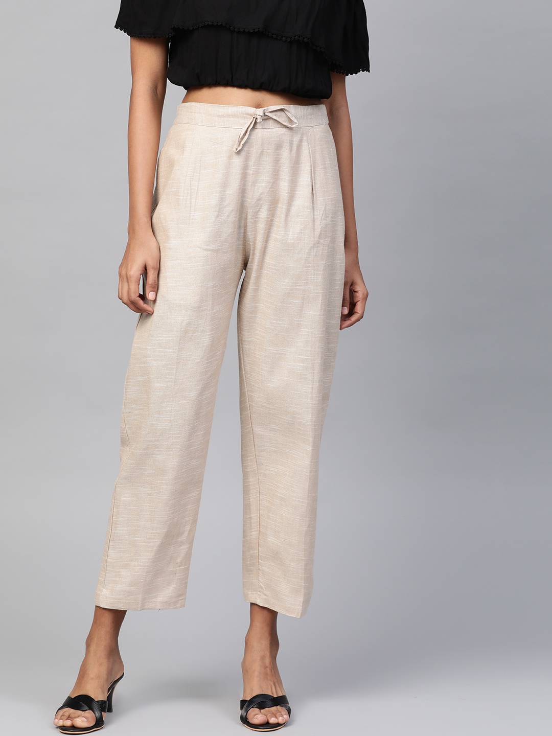 

Laado - Pamper Yourself Women Cream-Coloured Handloom Solid Straight Palazzos