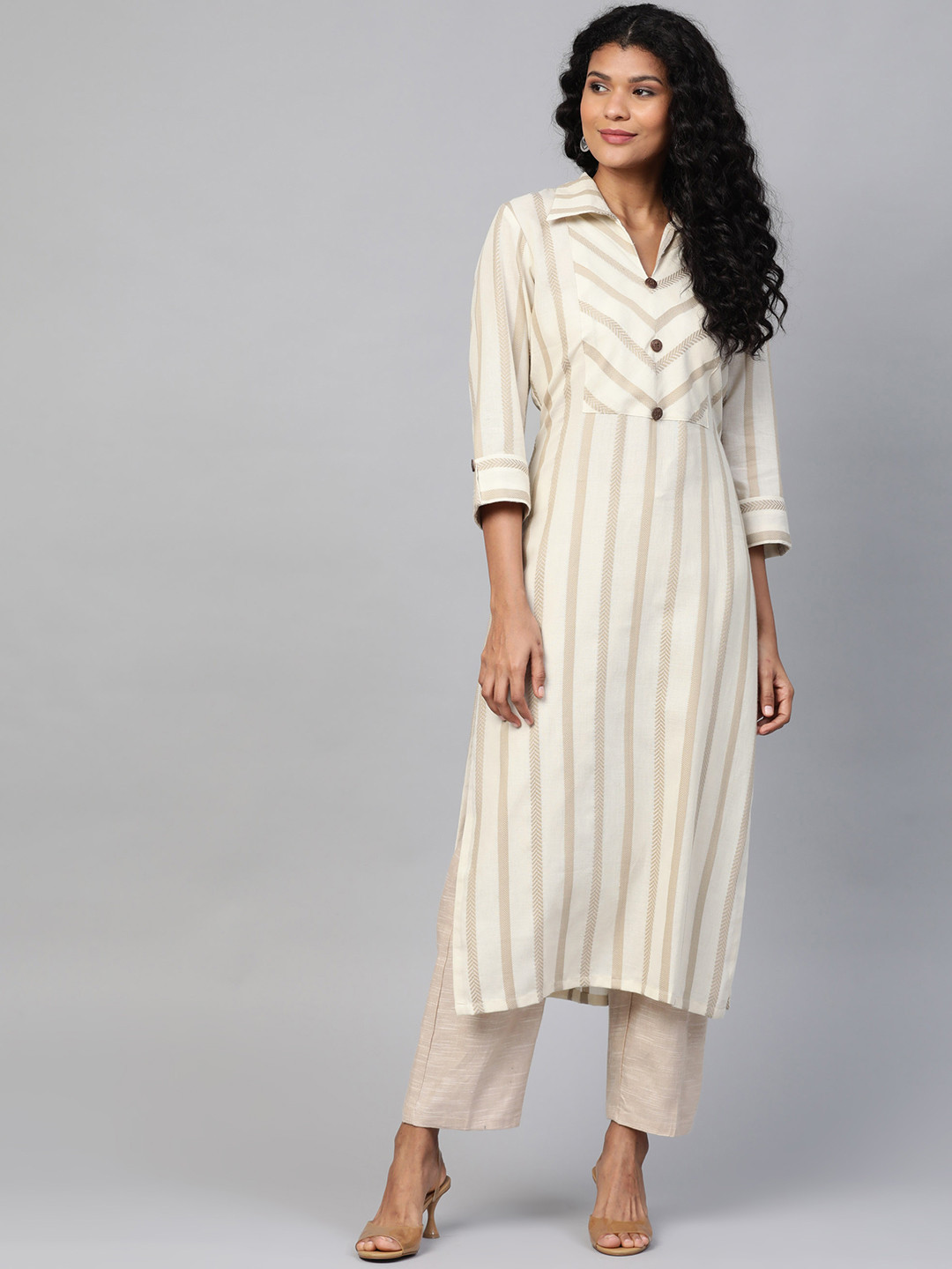 

Laado - Pamper Yourself Women Cream-Coloured & Taupe Striped Straight Sustainable Kurta