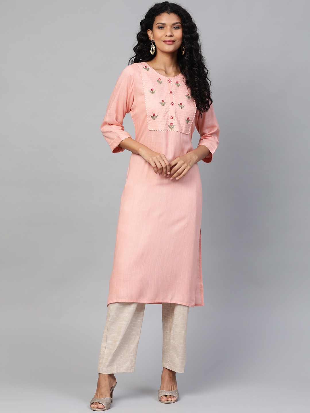 

Laado - Pamper Yourself Women Peach-Coloured Yoke Embroidered Straight Kurta