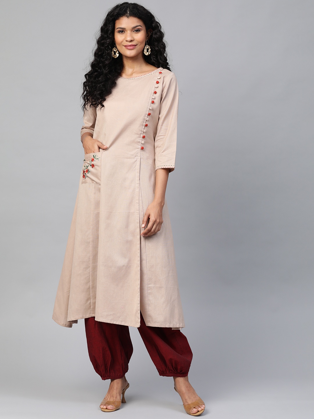 

Laado - Pamper Yourself Women Taupe Embroidered High-Slit A-Line Sustainable Kurta