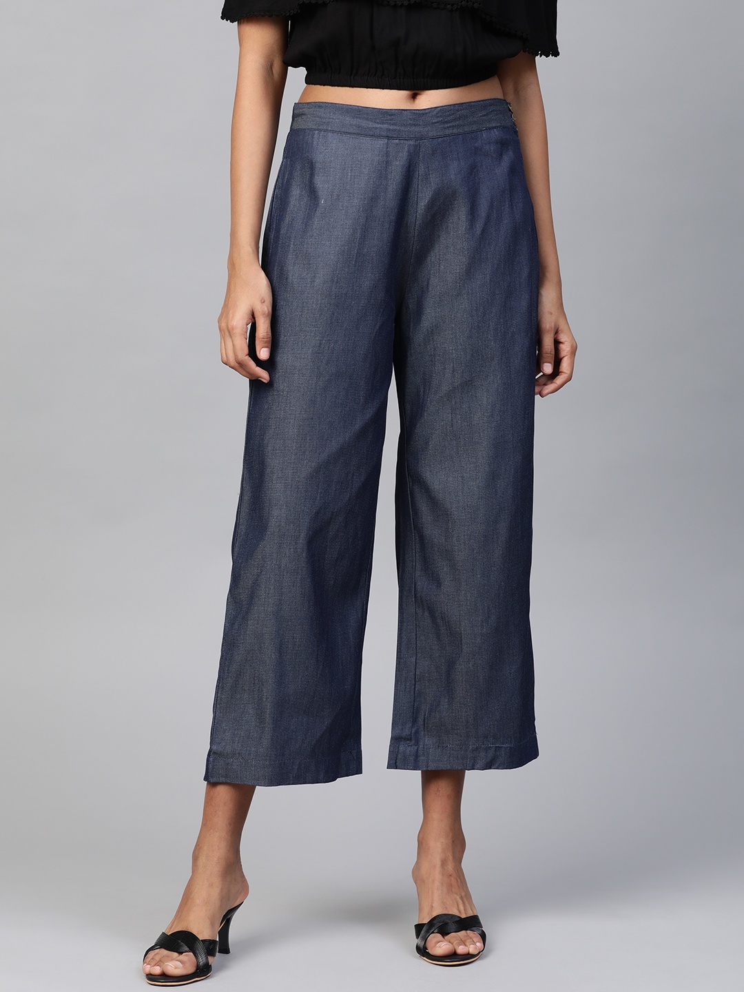 

Laado - Pamper Yourself Women Navy Blue Straight Fit Solid Cropped Denim Culottes