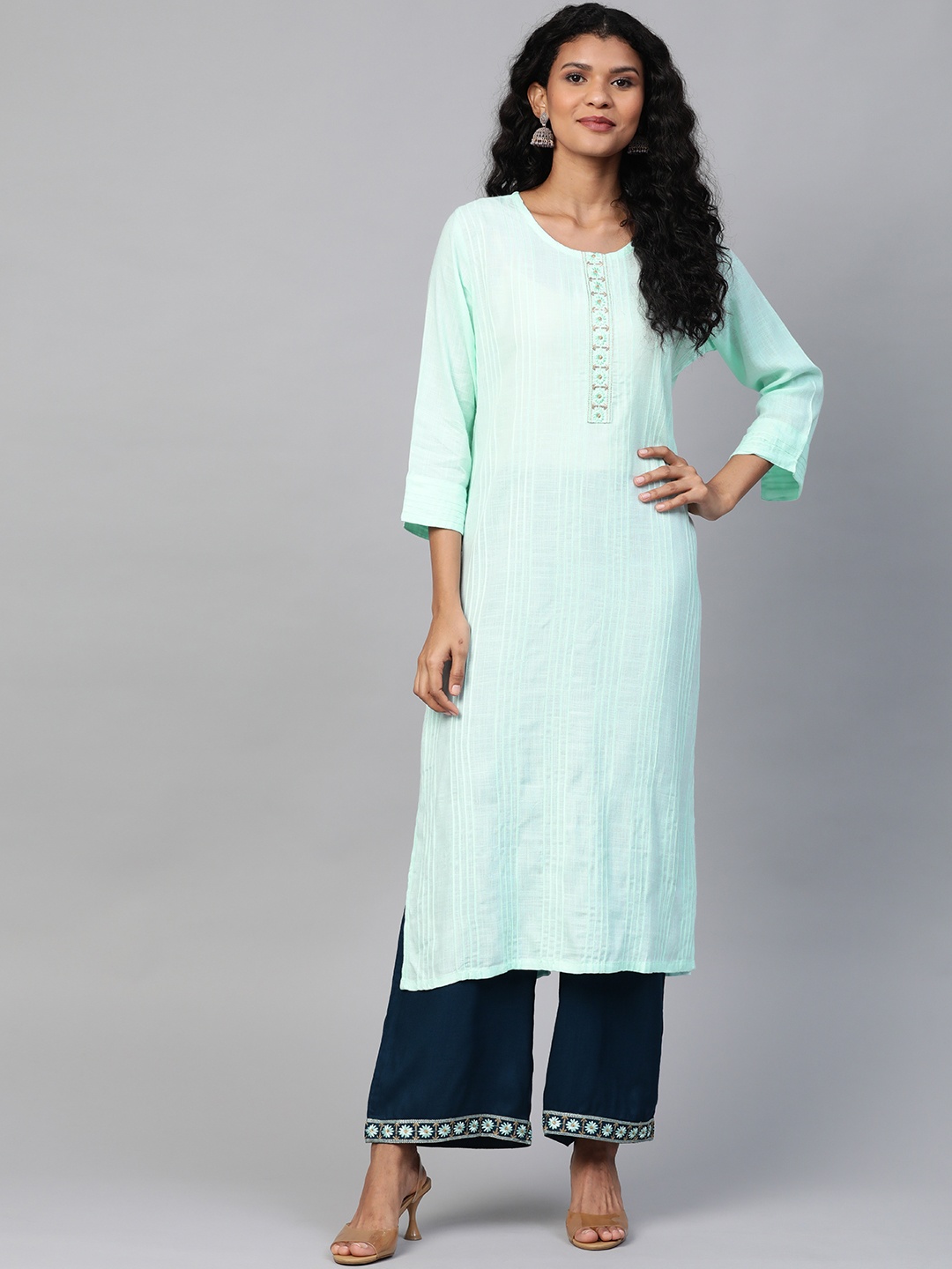 

Laado - Pamper Yourself Women Blue Pintucks Detail Straight Kurta with Palazzos