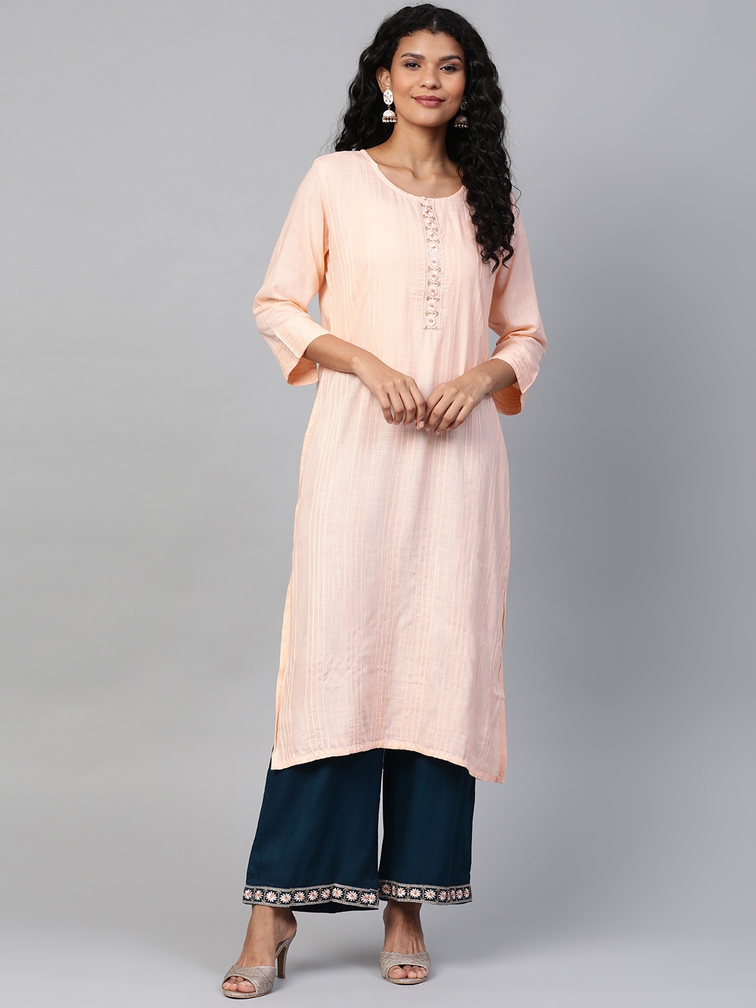 

Laado - Pamper Yourself Women Peach-Coloured & Teal Blue Solid Pintuck Kurta with Palazzos