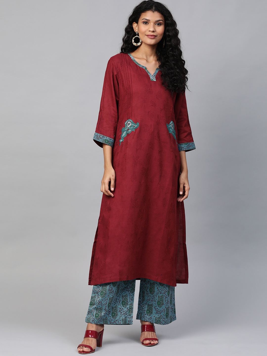 

Laado - Pamper Yourself Women Maroon & Blue Self Design Kurta with Palazzos