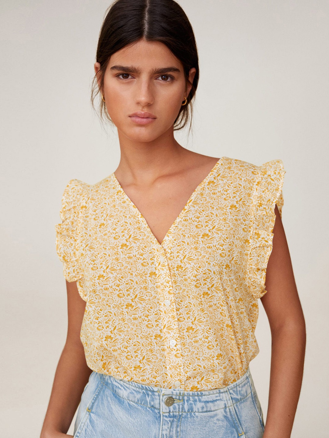 

MANGO Women Yellow & Off-White Floral Print Ruffle Pure Cotton Top