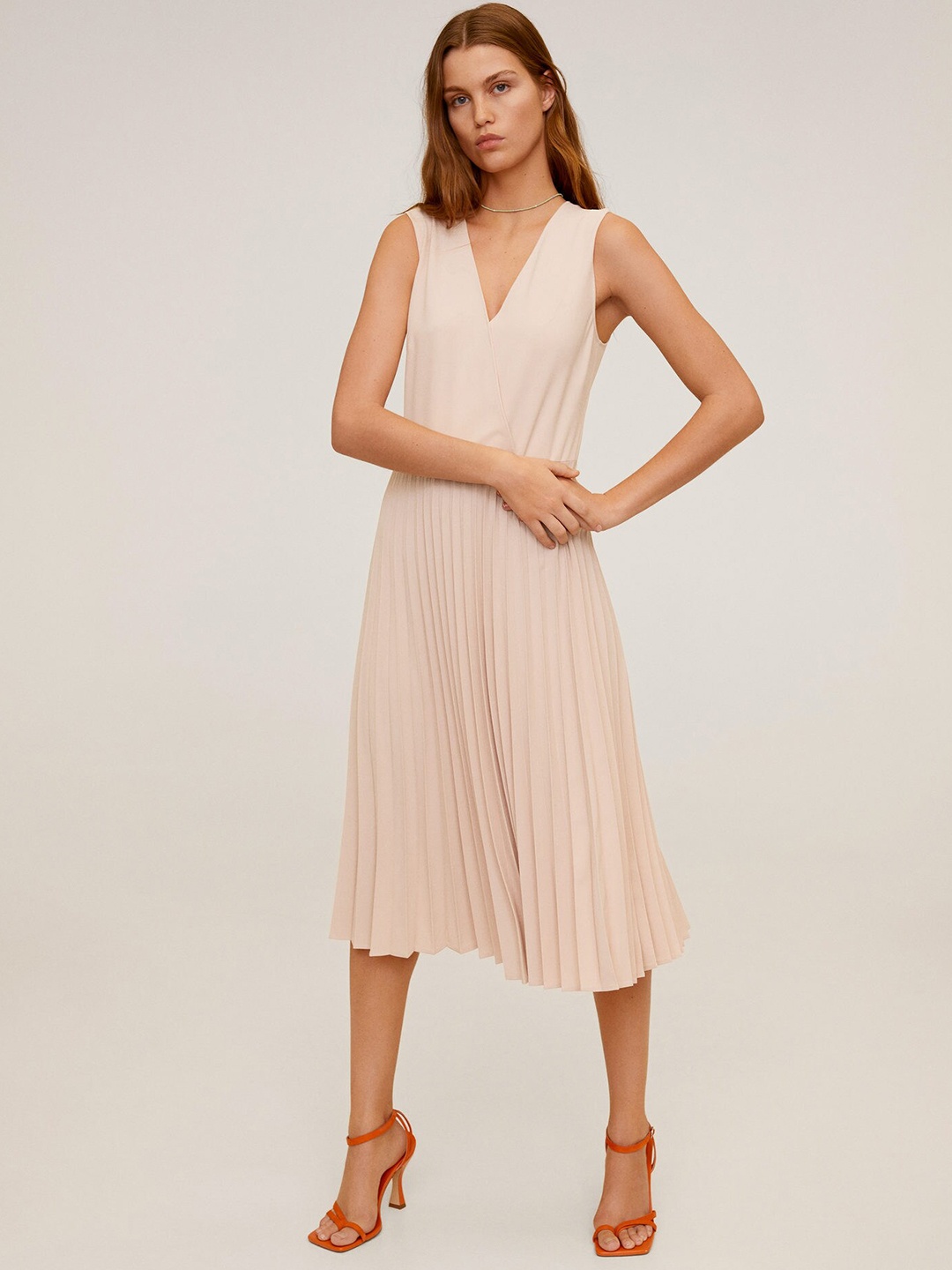 

MANGO Pink Solid Accordian Pleated Midi Wrap Dress