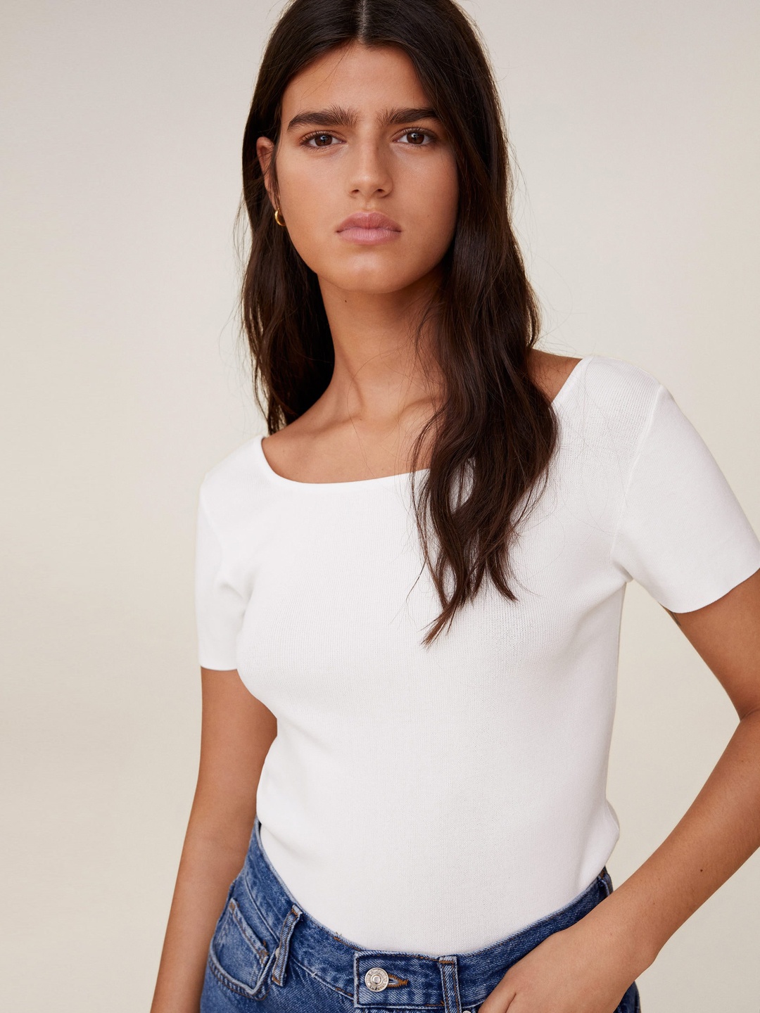 

MANGO Women Off-White Boat Neck Solid Top
