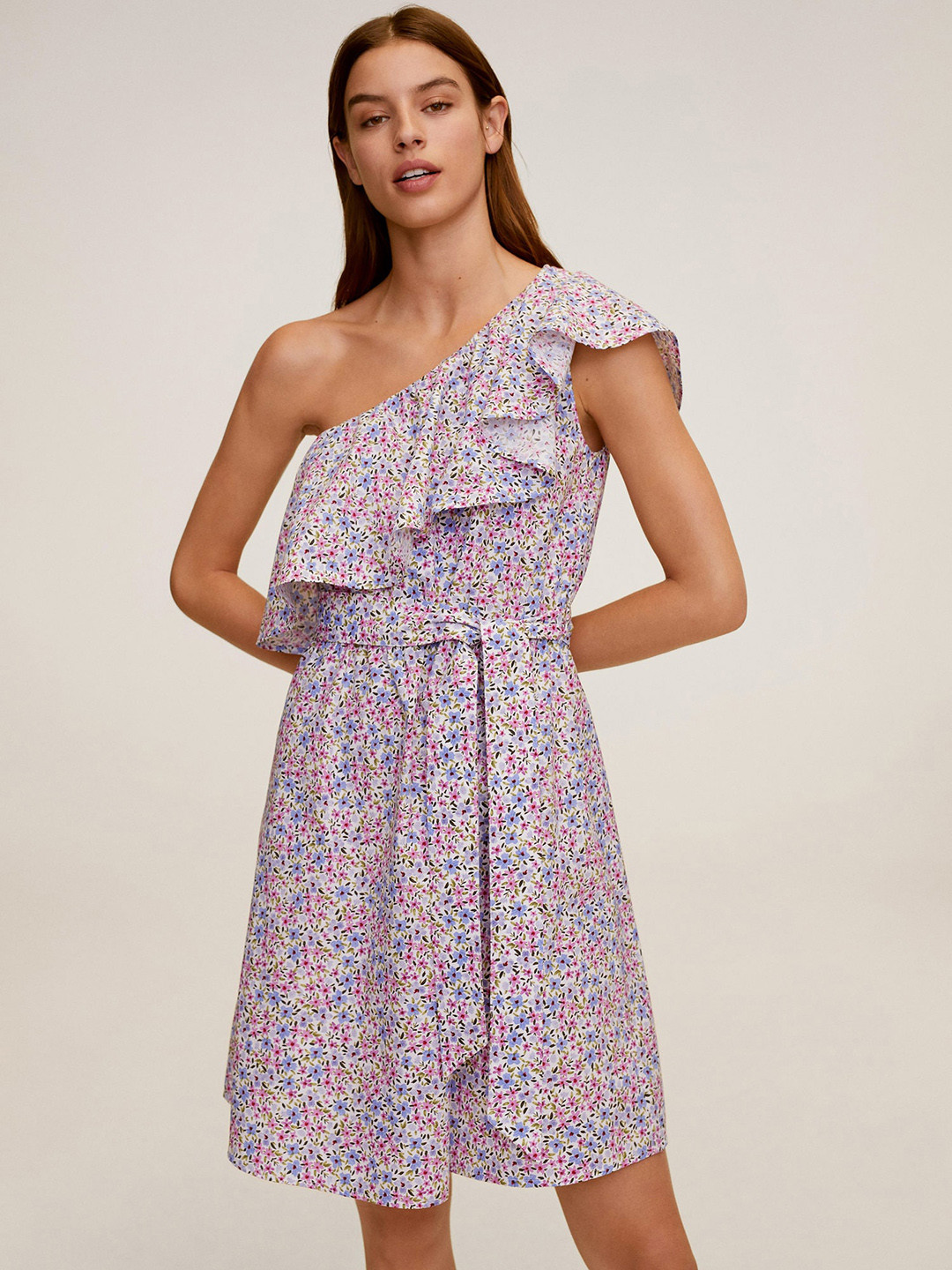 

MANGO Women Off-White & Pink Floral Print One-Shoulder A-Line Dress