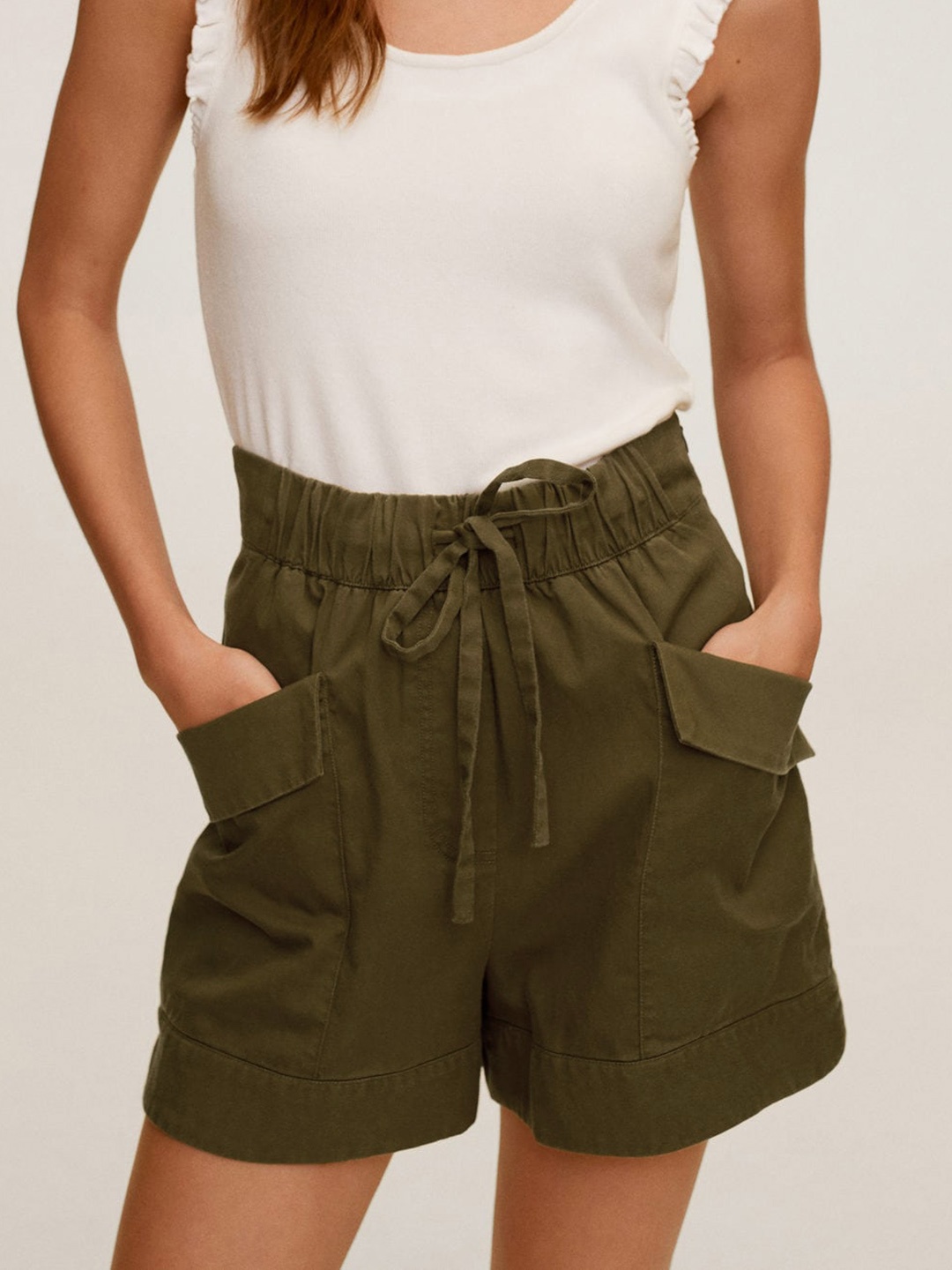 

MANGO Women Olive Green Solid Regular Shorts