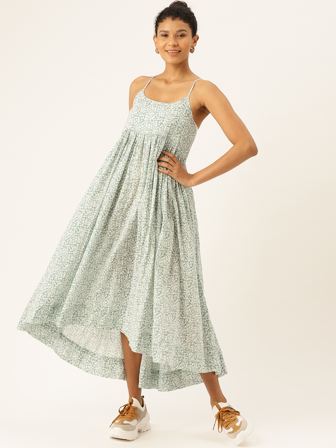 

MANGO Women Green & White Floral Print Fit and Flare Dress