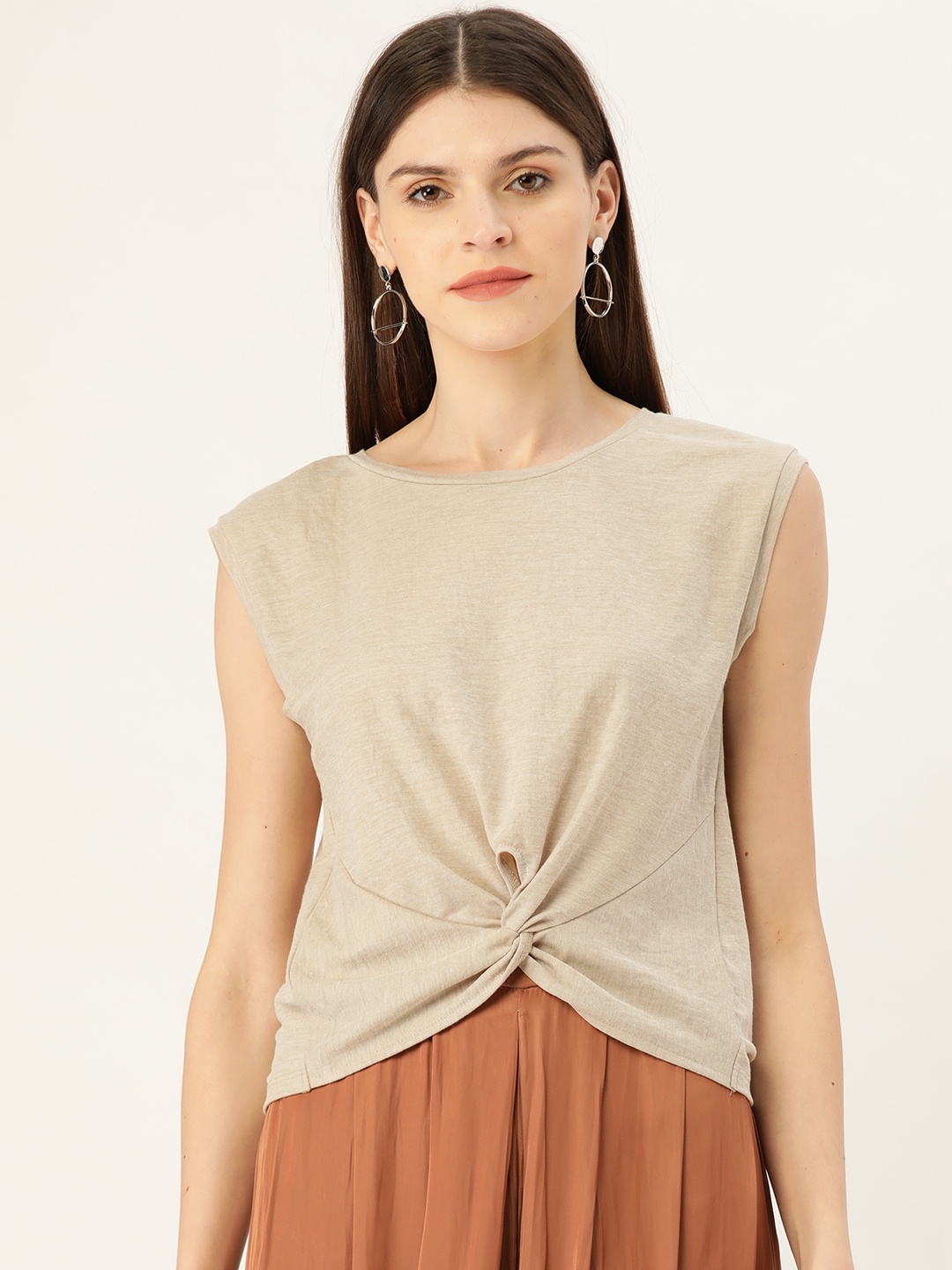 

MANGO Women Beige Solid Twisted Hem Top