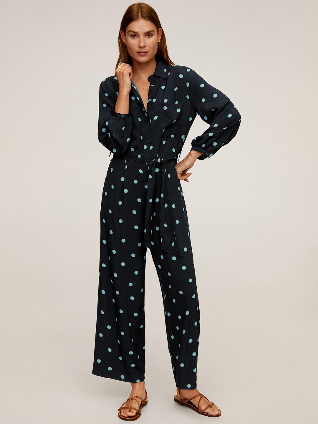 

MANGO Women Navy Blue & Sea Green Printed Basic Jumpsuit