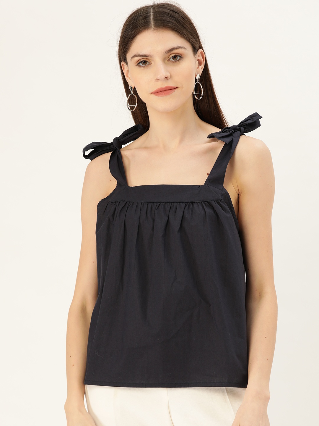 

MANGO Women Navy Blue Solid A-Line Pure Cotton Top