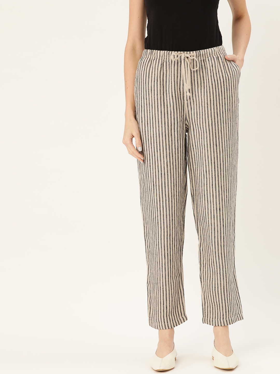

MANGO Women Off-White & Black Regular Fit Striped Cropped Linen Regular Trousers