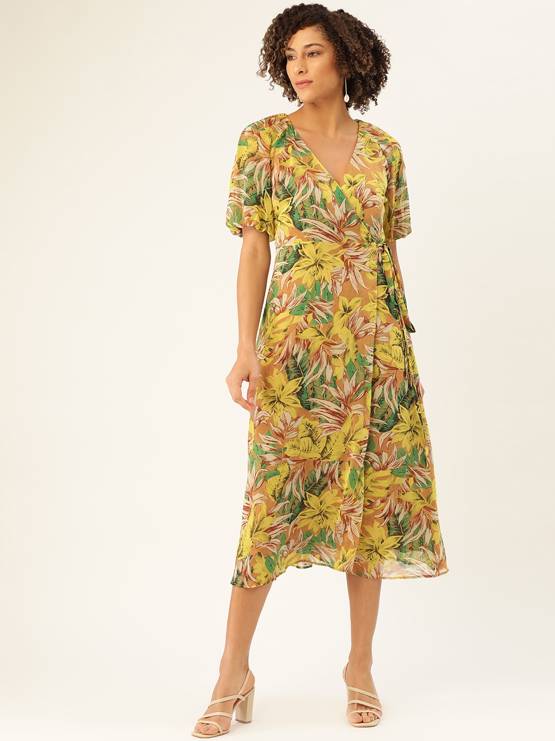 

MANGO Women Beige & Yellow Tropical Print Wrap Dress with Tie-Ups