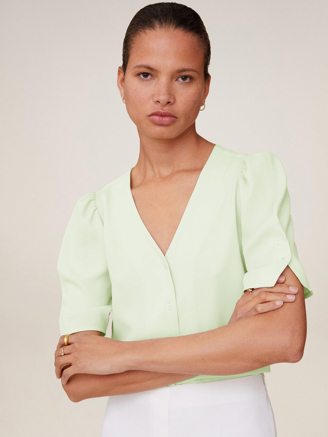 

MANGO Women Sea Green Solid Top