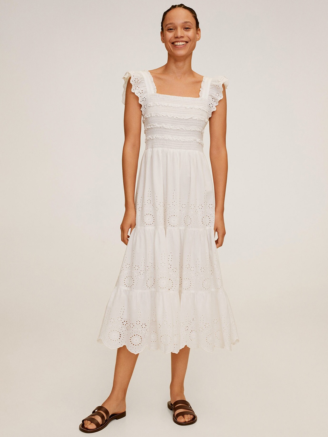 

MANGO Women White Sustainable Cotton Schiffli Embroidered Tiered A-Line Dress