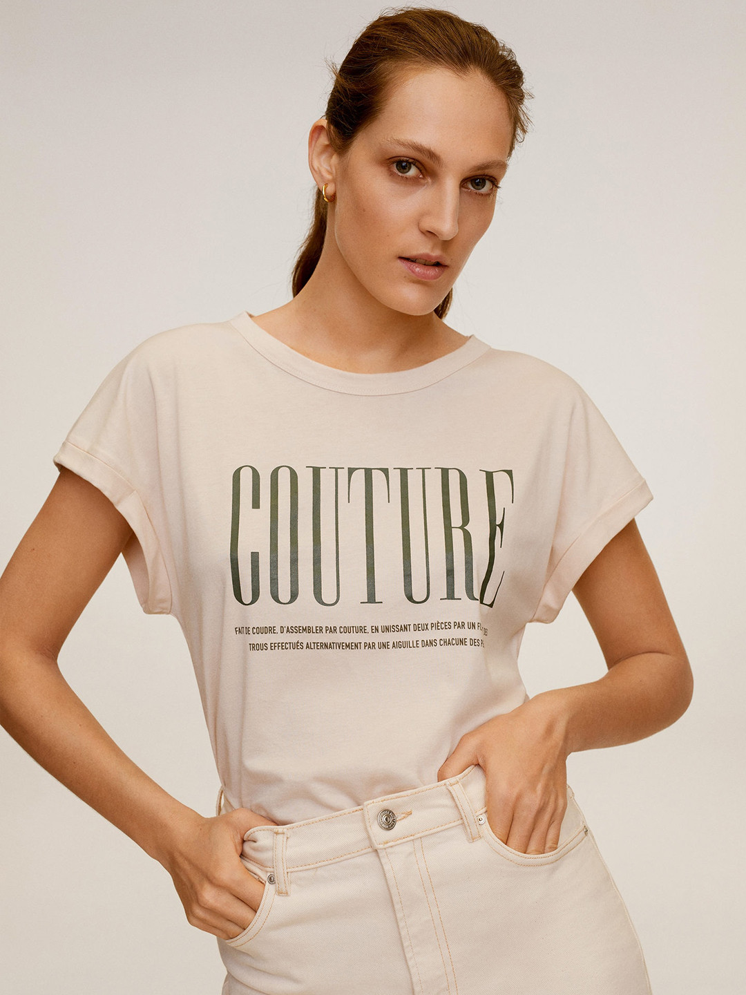 

MANGO Women Beige Printed Round Neck T-shirt