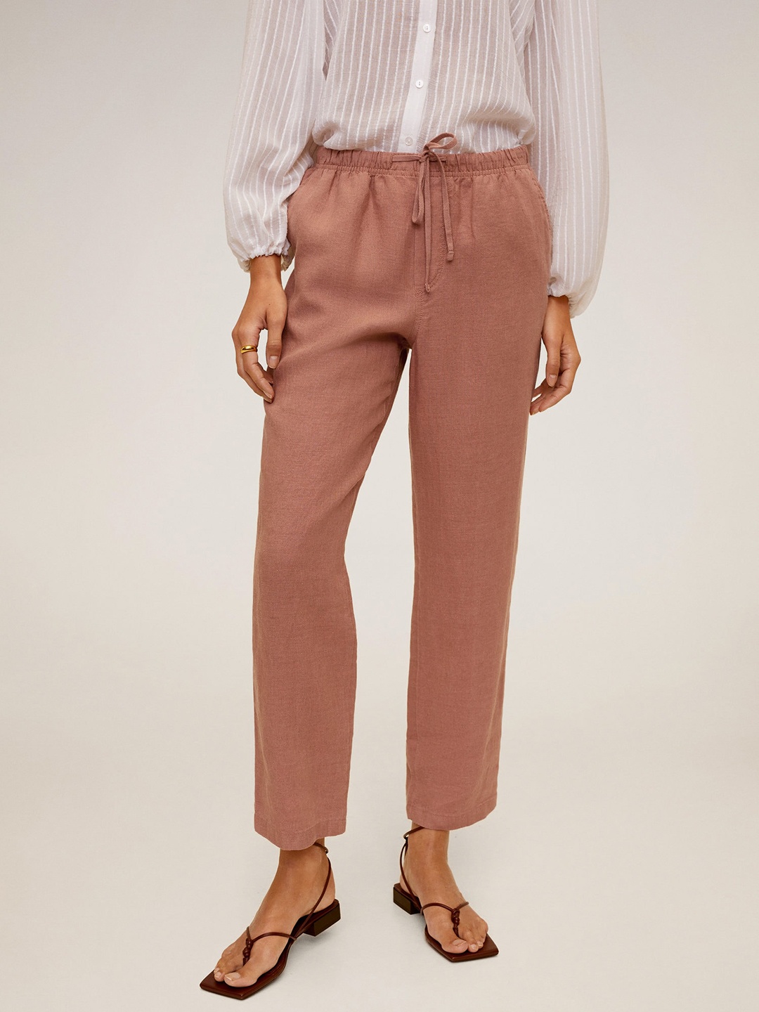 

MANGO Women Dusty Pink Linen Solid Cropped Trousers