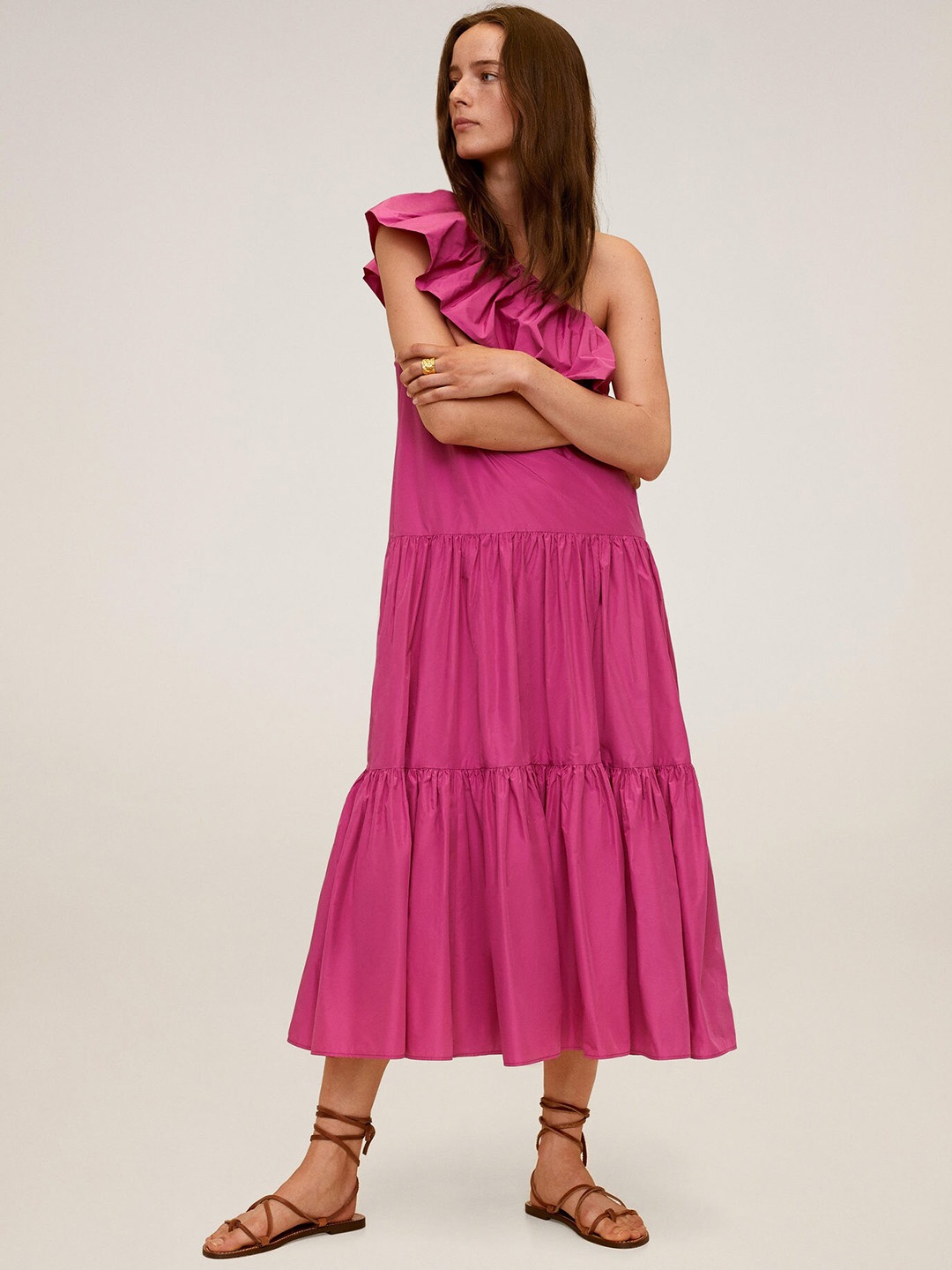 

MANGO Women Pink Solid One Shoulder Tiered Maxi Dress with Satin Finish