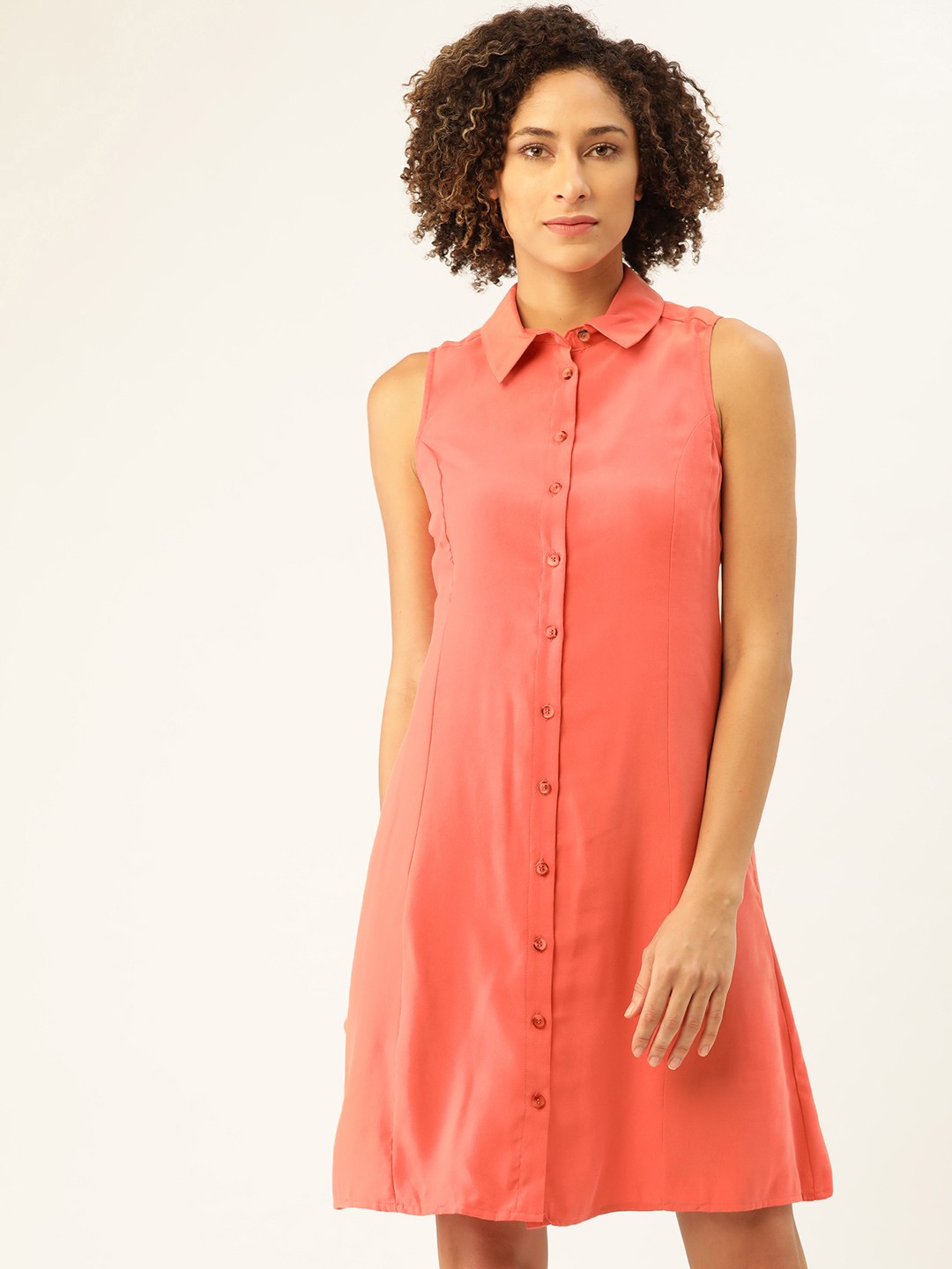 

MANGO Women Coral Orange Solid Shirt Dress