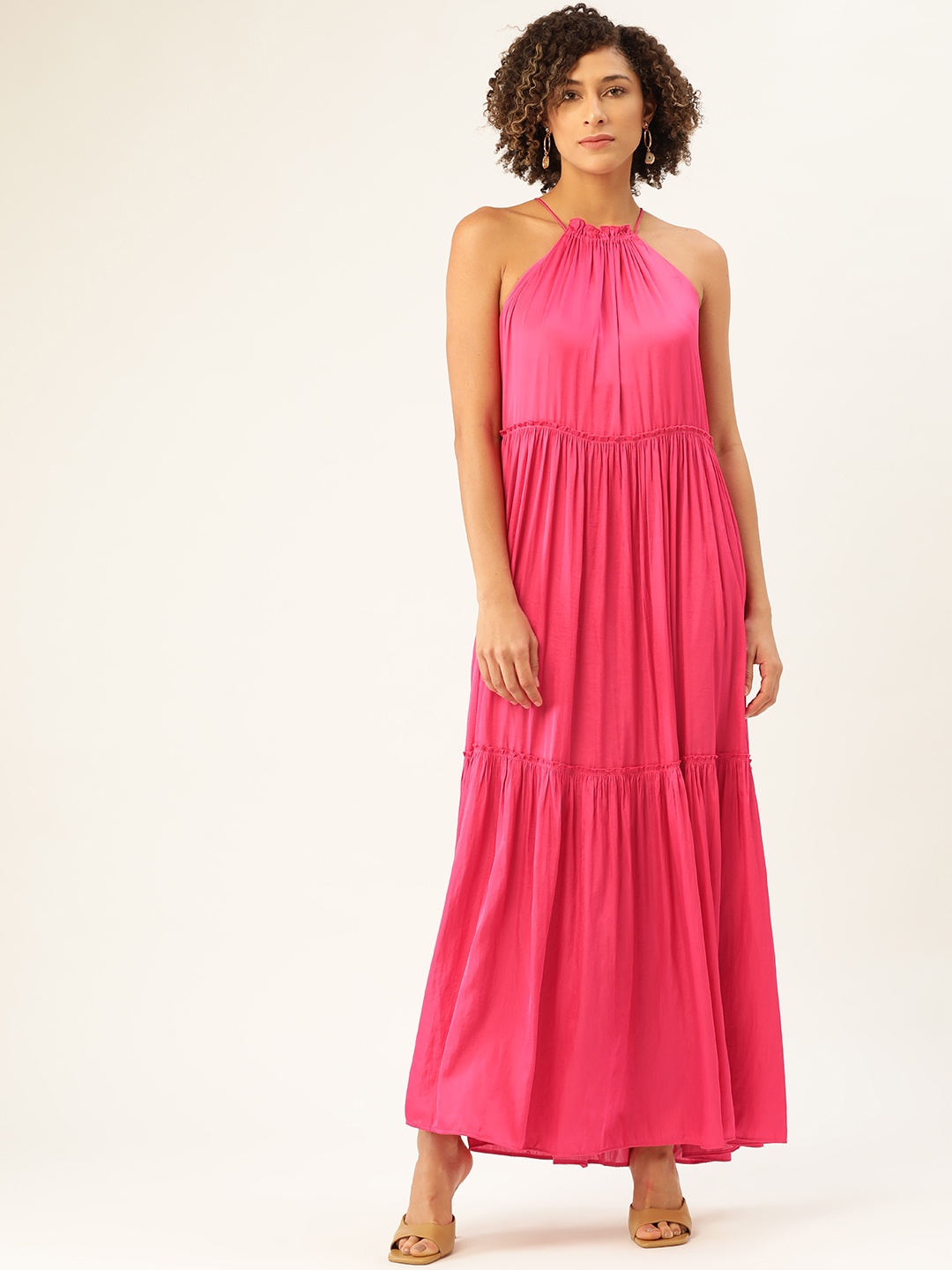 

MANGO Women Pink Solid Tiered Maxi Dress with Ruffled Detail