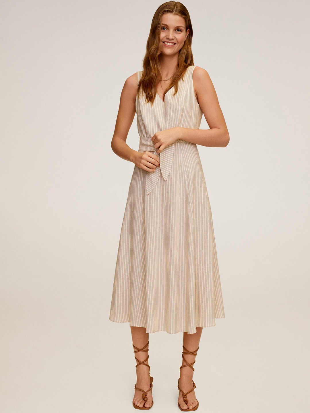 

MANGO Women Beige & White Striped A-Line Dress