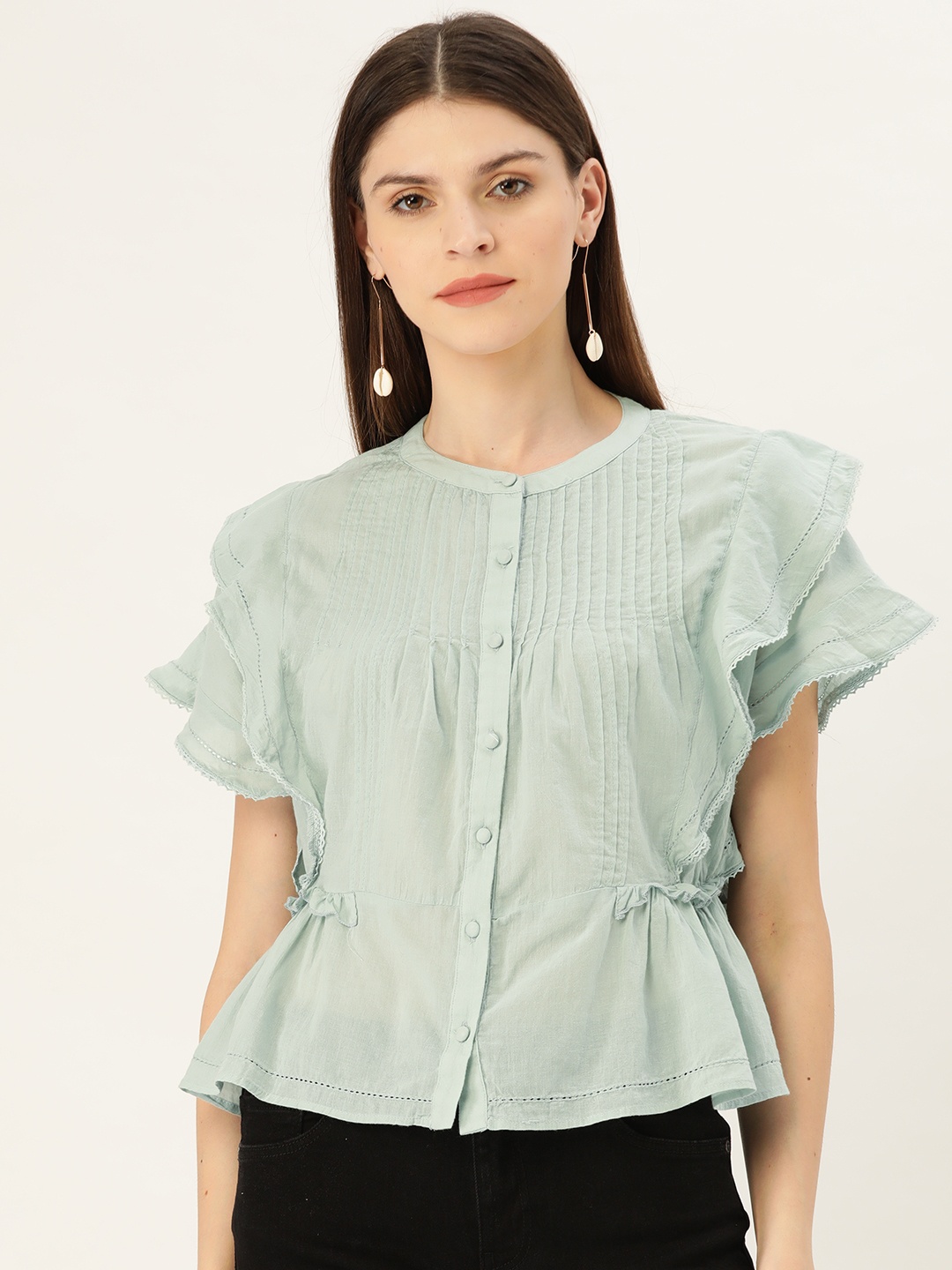 

MANGO Women Sea Green Solid Ruffled A-Line Pure Cotton Top