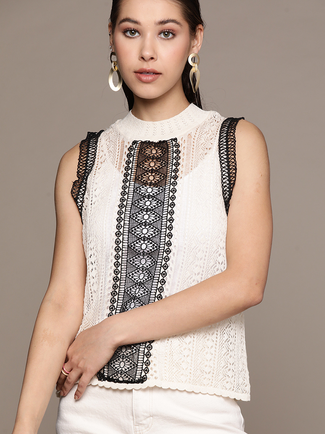 

MANGO Women Lace Top, Off white