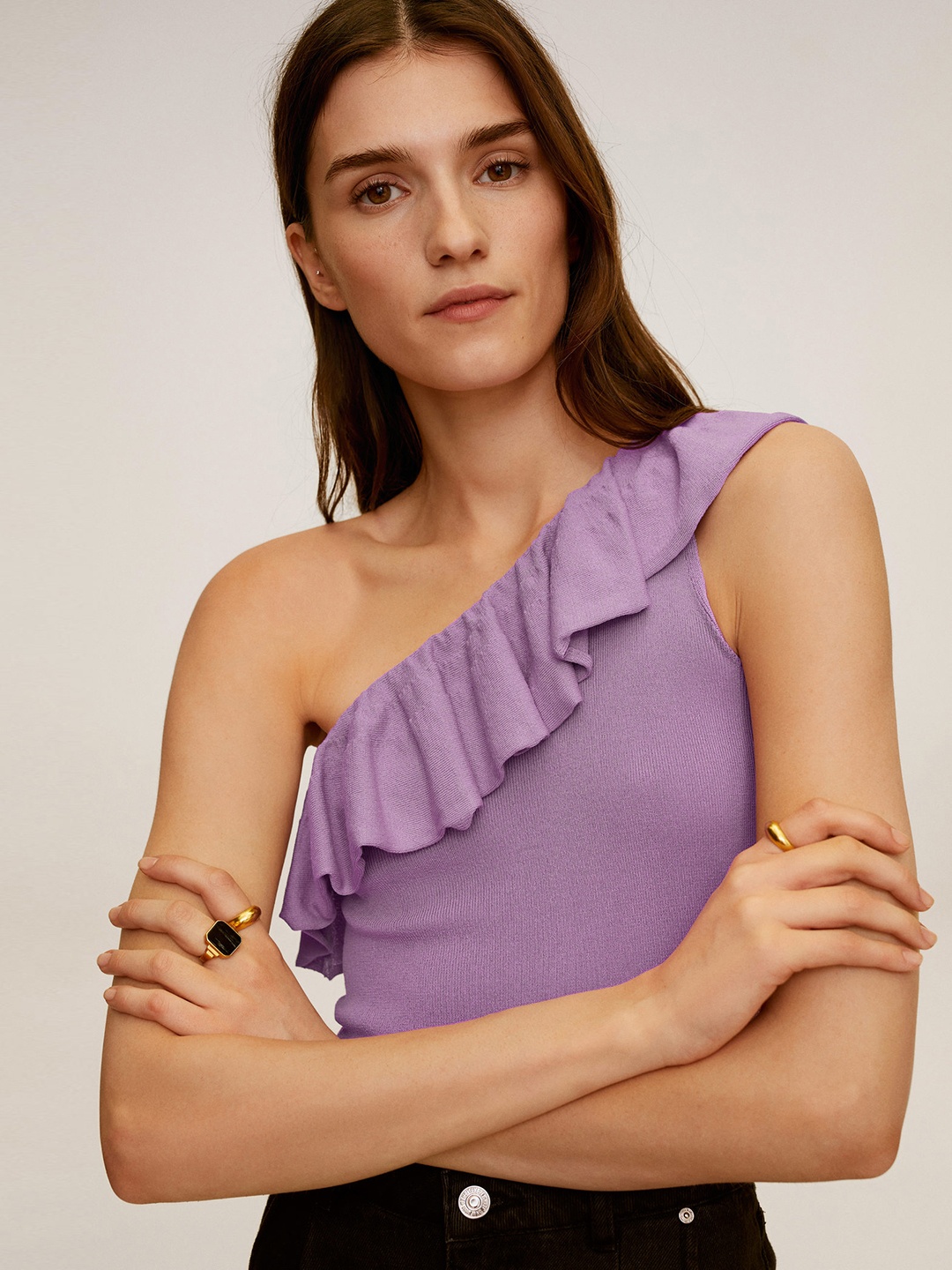 

MANGO Women Purple Solid One Shoulder Fitted Top
