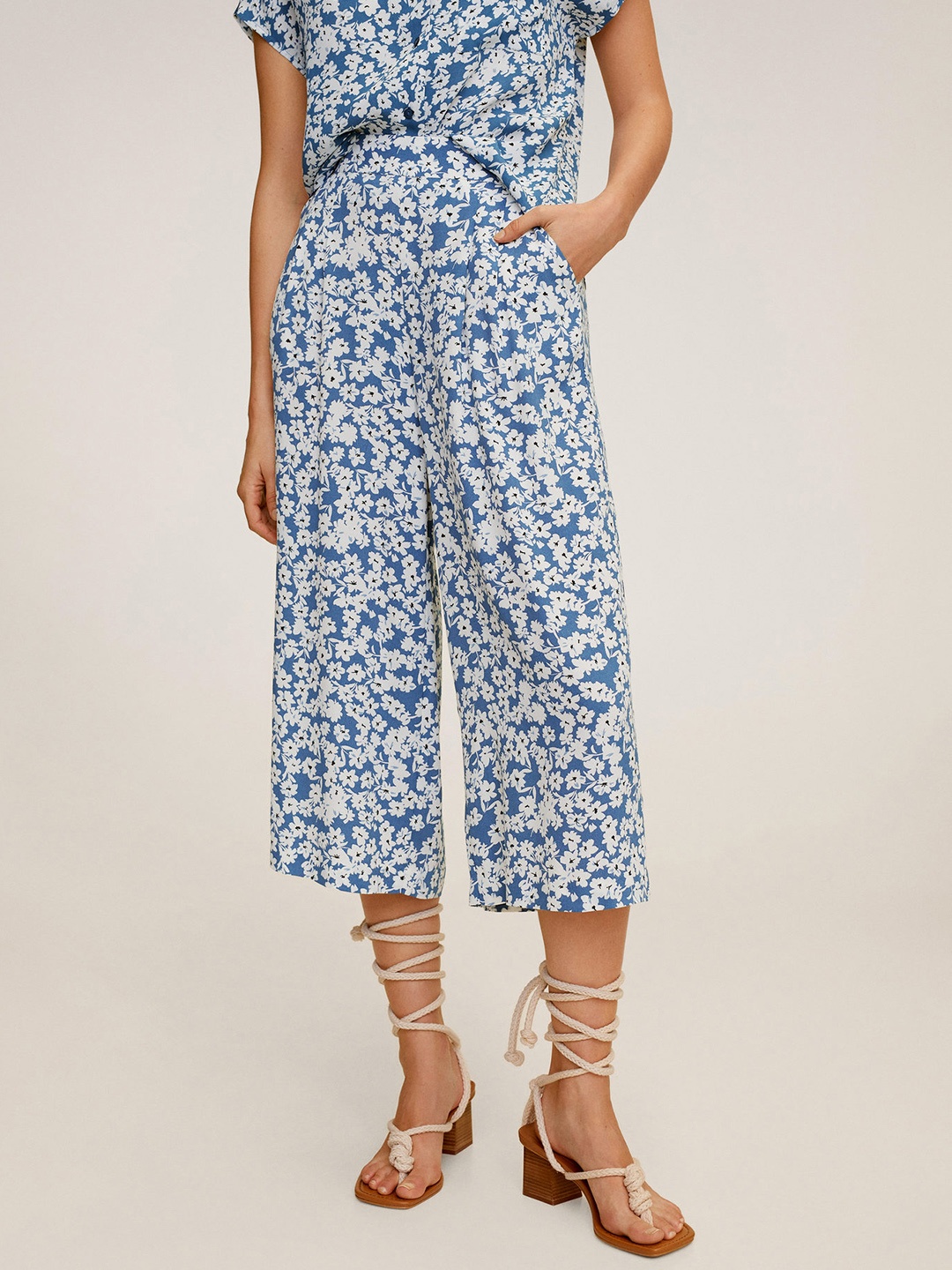 

MANGO Women Blue & White Floral Print Culottes