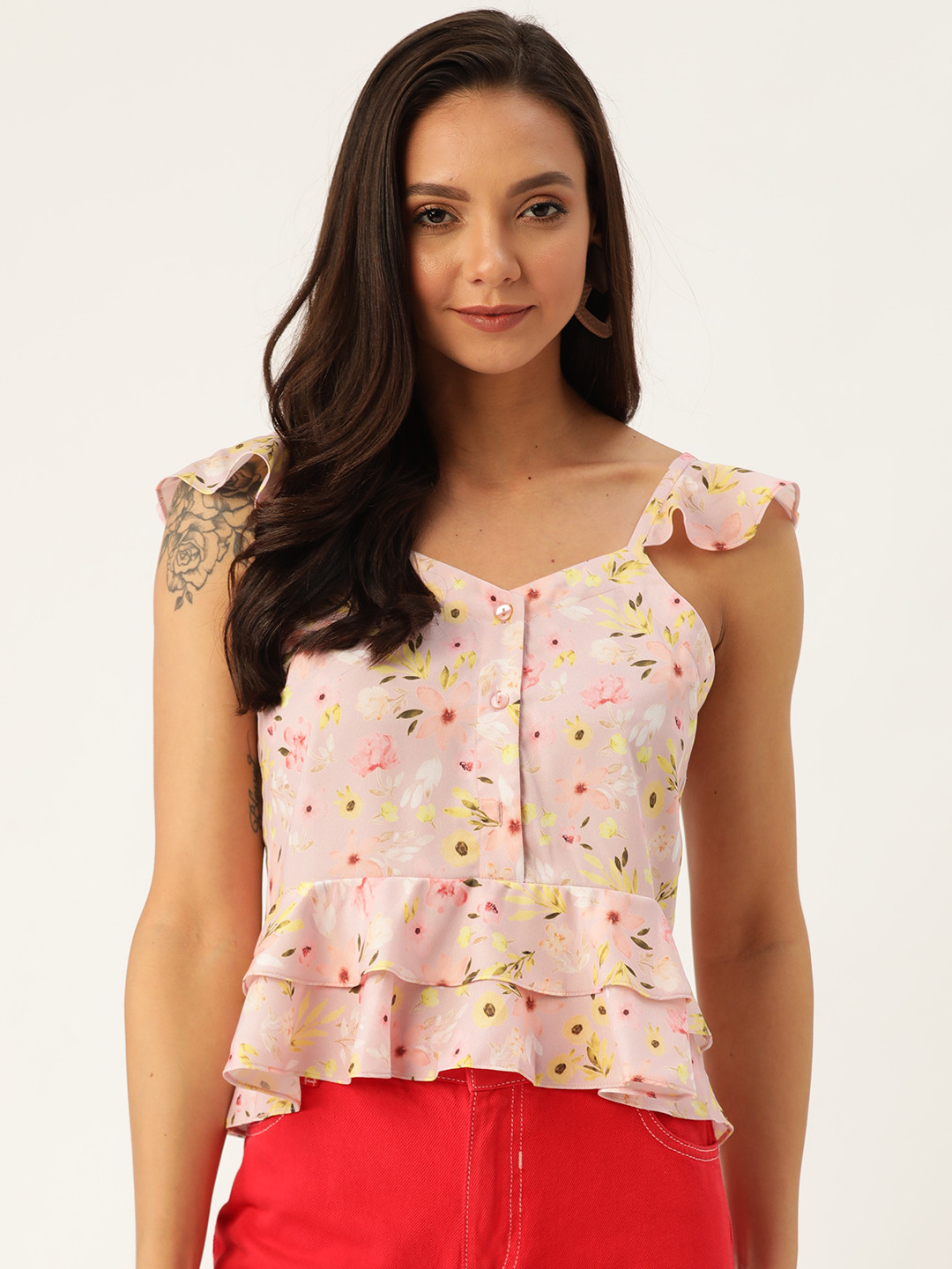 

20Dresses Women Pink & Yellow Floral Printed Peplum Top