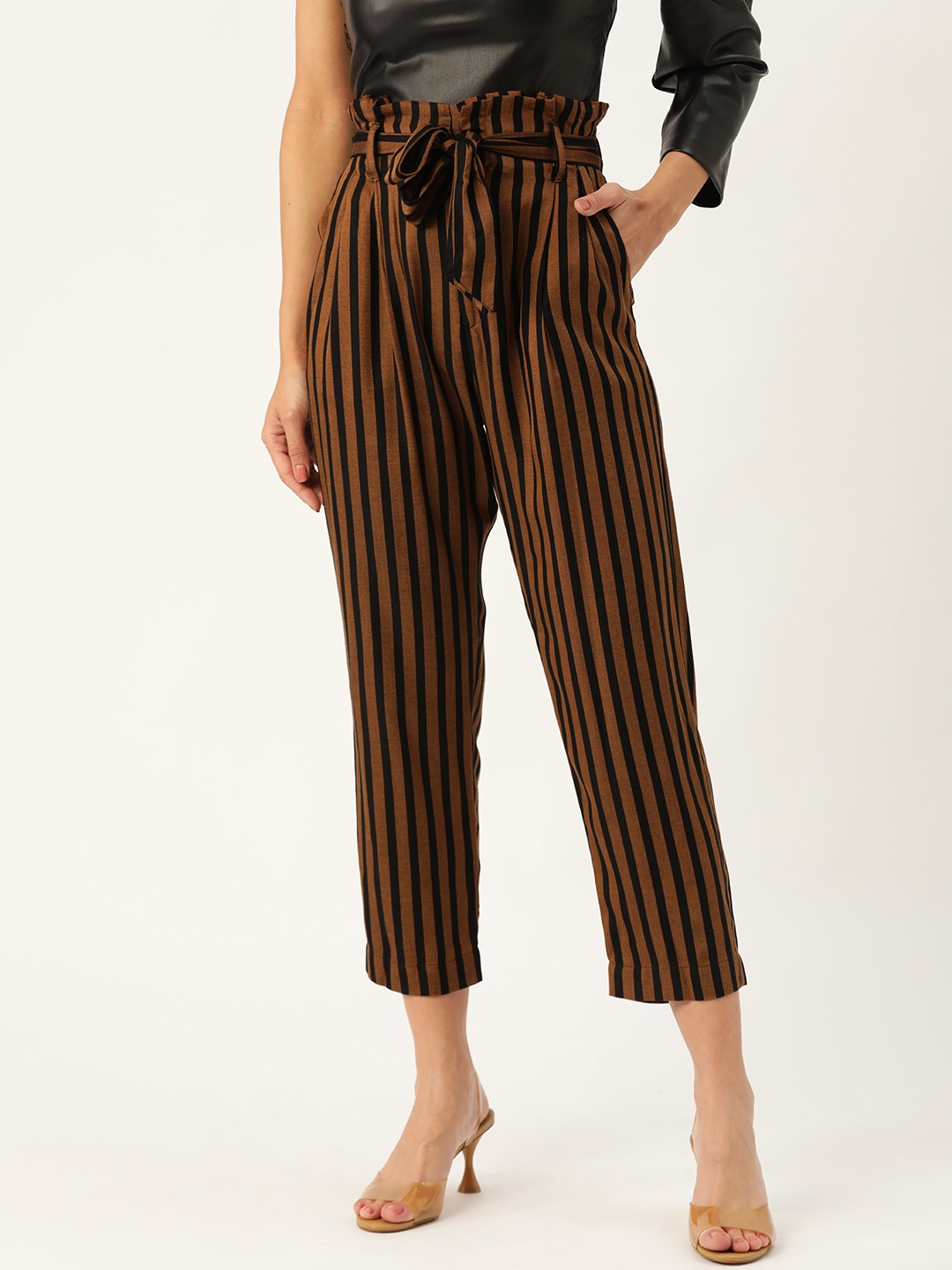 

20Dresses Women Brown & Black Regular Fit Striped Cropped Paperbag Trousers